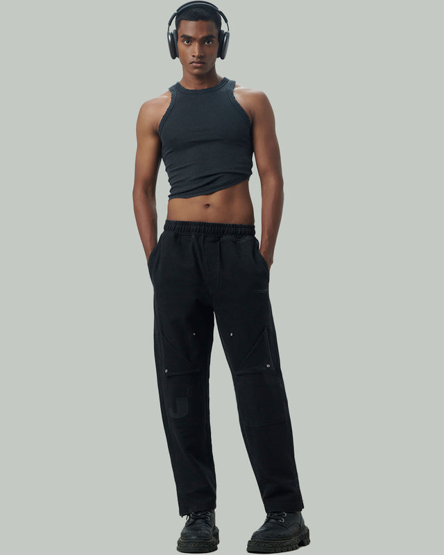 J DOUBLE KNEE TRACKPANTS IN WASHED BLACK [UNISEX]